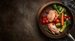 © NeuralNiche - Overhead shot of uncooked chicken breasts and colorful vegetables arranged on rustic wooden plate near frying pan with empty copy space for healthy meal prep