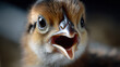 © Mrammon - Macro chick portrait baby bird open beak cute animal fluffy feather farm poultry hungry chick studio closeup expressive face brown plumage Macro chick portrait baby bird with open beak and fluffy
