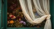 © vxnaghiyev - Scene of colorful flowers through a softly swaying curtain in green window
