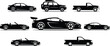 © Najmin - Car Silhouette Vector Set, Sedan, SUV with Roof Rack, Pickup Truck, Convertible, Sports Car with Spoiler, Coupe, Transportation Side View,