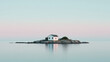 © Yaroslav Stepannikov - Small island with a single house surrounded by calm sea, minimal composition, pastel tones
