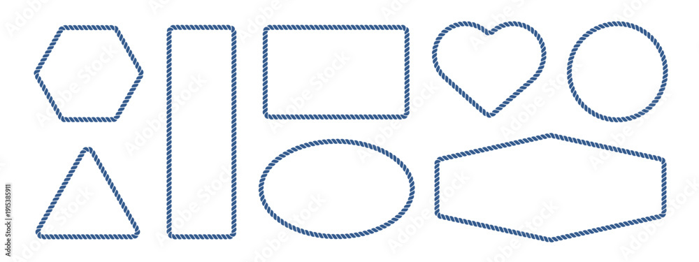 Rope frame border set isolated on white bg. Hexazon, square, oval and ...
