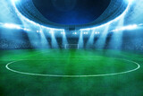 Modern football stadium with green lawn and blue spotlight. Soccer background. Sports tournament, Football world championship. Concept Sporty. majestic soccer stadium at night with stars.