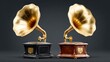 © Nataliia_Trushchenko - Two golden record players sit side by side on a black and brown wooden base. The record players are identical in design and color, but one is slightly larger than the other