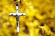 © robertharding - Broom in bloom in spring. Crucifix on a yellow background.