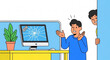 © Faadi - Two men reacting to a broken computer monitor on a desk with a plant in an office setting
