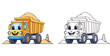 © SHOHAG - Cute cartoon dump truck with sand load vector illustration. Colorful and black and white outline version for coloring book page. Funny construction vehicle character for kids education.