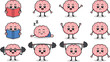 © Shirina - Cute brain cartoon character set showing reading books, sleeping, waving hands, happy and sad emotions, and weightlifting exercise, funny mascot isolated on white.