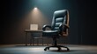 © 69 - Elegant Black Leather Office Chair with Minimalistic Desk in Spotlight, Perfect for Modern Workspaces