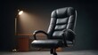 © 69 - Luxurious Black Leather Office Chair on Dark Background with Lamp and Desk in Professional Workspace Setting