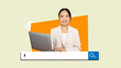 © Prostock-studio - A woman stands with a laptop in front of her. The search bar is shown at the bottom. The background features a bright orange shape. This scene represents a digital workspace.