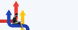 © Prostock-studio - A person is sitting with a laptop while colorful arrows point in various directions. The arrows include red, blue, yellow, and orange. This setting shows choices and paths to follow.