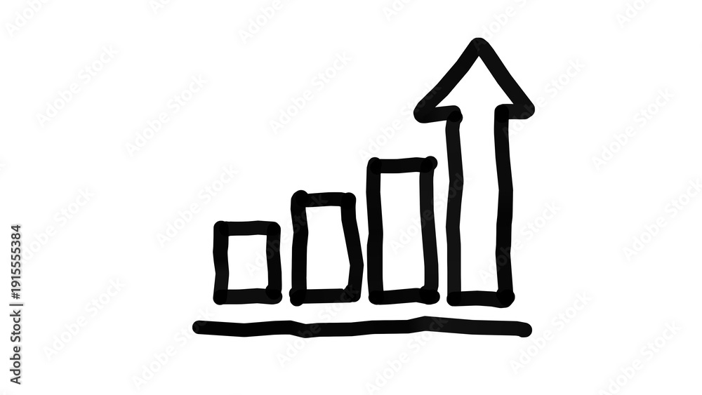 Minimalist hand drawn black outline bar chart with integrated upward ...