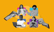 © Prostock-studio - A group of diverse individuals interacts with various devices like phones and tablets. Hands reach out to connect them, showing social engagement through technology.