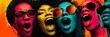 © silver bug - Five vibrant faces in different colors wear sunglasses with mouths open in song or shouts. The psychedelic pop art features pink, yellow, blue, and teal figures against an orange background.