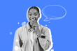 © Prostock-studio - A person stands smiling against a blue background. They have a speech bubble drawn beside them. The collage focuses on their expression and conveys a sense of communication.