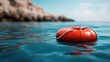 © Larisa AI - A bright red lifebuoy floats serenely on calm water, symbolizing safety and rescue, framed by a picturesque backdrop that suggests both relaxation and vigilance.