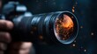 © Larisa AI - A close-up view of a camera lens captures dynamic light effects and sparkles, emphasizing the art of photography and the beauty of visual storytelling.