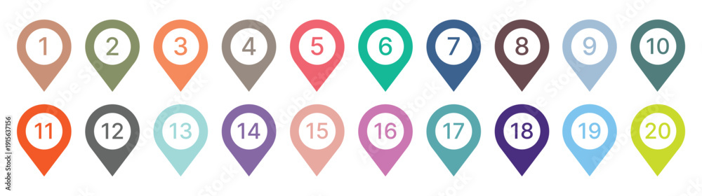 A set of colored map pointer icons with numbers 1 through 20 isolated ...