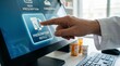 © Creative mind - A hand of a medical staff touching a prescription refill button for the concept of medical technology.