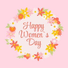  Floral Isolated Frame for Womens day. Handwritten Design on pink background for Cards, Invitations, Banner. Hand drawn Vector illustration 