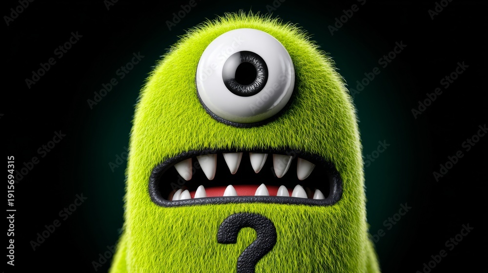 A green monster with a big eye and a mouth with teeth. The monster is ...