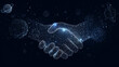 © Ruhi - Abstract image of Business handshake in the form of a starry sky or space, consisting of points, lines, and shapes in the form of planets, stars and the universe. Vector best deal. RGB Color mode