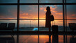 © Ruhi - Silhouette woman travel with luggage looking without window at airport terminal international or girl teenager traveling in vacation summer relaxation holding suitcase and backpack