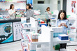 © DC Studio - Shoppers explore pharmacy shelves for health products while pharmacist processes medication at counter. The professional completes transaction for customer, highlighting efficient service in pharmacy.
