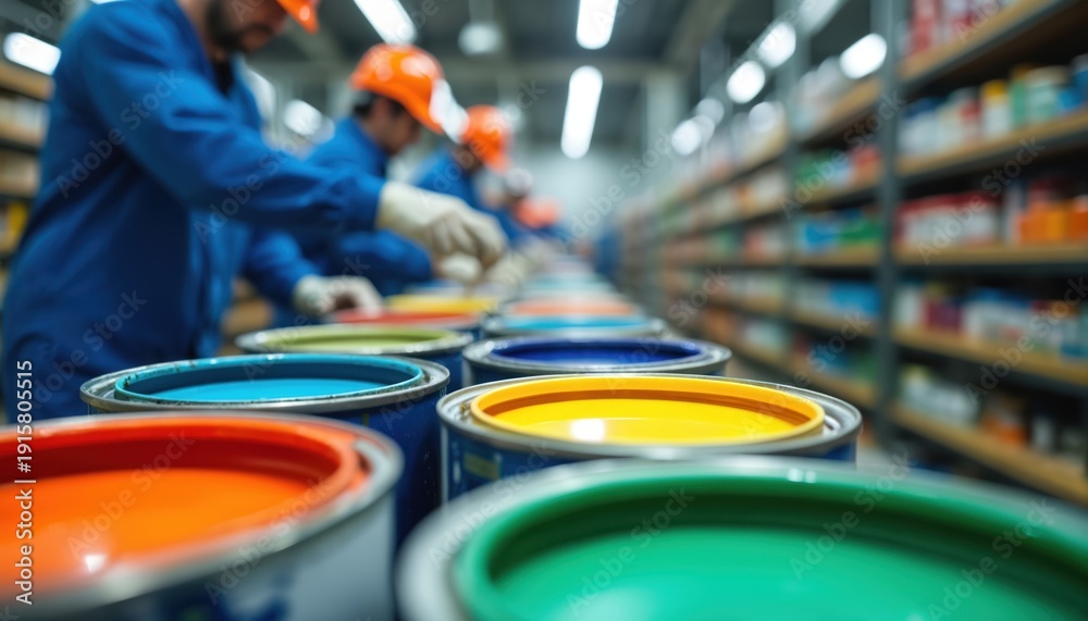 Factory workers in blue uniforms, orange helmets process colorful paint ...