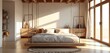 © miss irine - Bright airy bedroom features unique floating bed design. Natural light streams through large glass doors illuminating bohemian decor. Wooden bed frame suspends by ropes for serene rest.