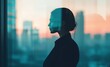 © Arfa_Media - Woman in silhouette stands by a window, reflecting on the urban city skyline during a colorful sunset, depicting thoughtful contemplation and future vision