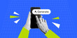 © Dukhanina Ekaterina - Trendy Artificial intelligence banner with human hand using smartphone and Generate button in retro halftone collage style. Contemporary AI vector illustration art