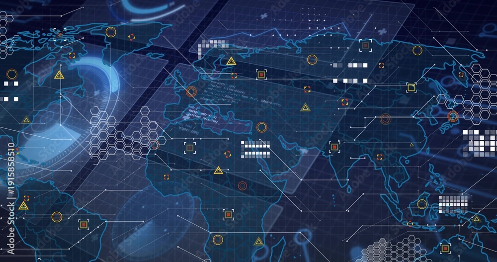 Displaying stylized global map occupying center of virtual dashboard ...