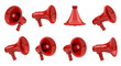 © PERFECTisME - red megaphones various angles white background studio shot for presentations public announcements or marketing campaigns