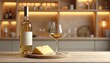 © miss irine - Bottle and glass of white wine with cheese on wood table. Modern bar background with shelves and warm light. Fine dining drink and food pairing.