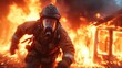 © Dulemegapixel - A firefighter in full gear courageously running towards flames, representing bravery and resilience in the face of danger and life's challenges amidst a fiery backdrop.