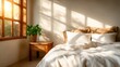 © Dulemegapixel - A serene bedroom scene bathed in warm sunlight, showcasing a comfortable bed, soft linens, and a potted plant near a window, evoking a sense of peace and relaxation.