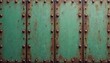 © Vadym - Weathered green metal panel texture background with rivets and peeling paint. Aged rustic grunge surface shows signs of corrosion and wear, ideal for industrial design overlays.