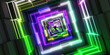 © Celt Studio - colorful neon light square tunnel abstract background futuristic gaming corridor perspective infinite glowing geometric frame loop passage design 3d illustration