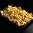 © MuzammilZia - Cheesy Shrimp Nachos: Ultimate Mexican appetizer with golden melted cheddar cheese, succulent grilled shrimp, and fresh green onions on a black background, high contrast studio shot.