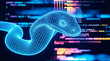 © Syed - Blue wireframe python snake 3D render with glowing neon lines on a dark background featuring abstract programming code, symbolizing software development and artificial intelligence.