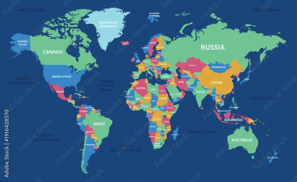 World Political Map with Country Names and Borders Stock Vector | Adobe ...