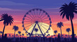 © tika - A vibrant flat design illustration capturing the iconic Coachella Ferris wheel against a stylized desert sunset, with abstract festival-goers enjoying the view.