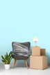 © Pixel-Shot - Cardboard boxes with lamp and wrapped armchair in living room on moving day