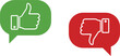 © Sagor - Green thumbs up and red thumbs down outline icons in speech bubbles for customer feedback satisfaction rating and social media like or dislike interface design.