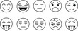 © Sagor - Set of ten black and white emoji face line icons showing various expressions like happy sad wink and laughing for customer feedback survey and social media interface design.