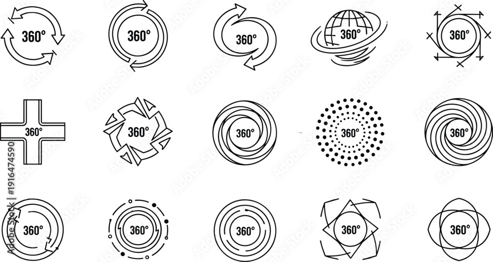 Stock-Vektorgrafik „360 degree rotation icon set, circular arrows ...