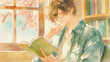 © 963k - 室内で本を読む落ち着いた時間のイラスト、部屋、読書、リラックス、休息、くつろぎ、日常生活、インテリア、片付いた空間、机、椅子、観葉植物、学習、勉強、集中、在宅、作業用BGM向け、動画背景、サムネ、配信、テロップ用、コピースペース、余白