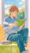 © 963k - 部屋で本を読むリラックスイメージのイラスト、室内、読書、くつろぎ、休憩、安らぎ、日常、インテリア、窓辺、ソファ、机、ランプ、学習、勉強、集中、在宅ワーク、作業用BGM、動画背景、配信用、サムネイル、テロップ用、コピースペース、余白、癒し